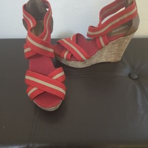 Red and Tan Wedge Sandals